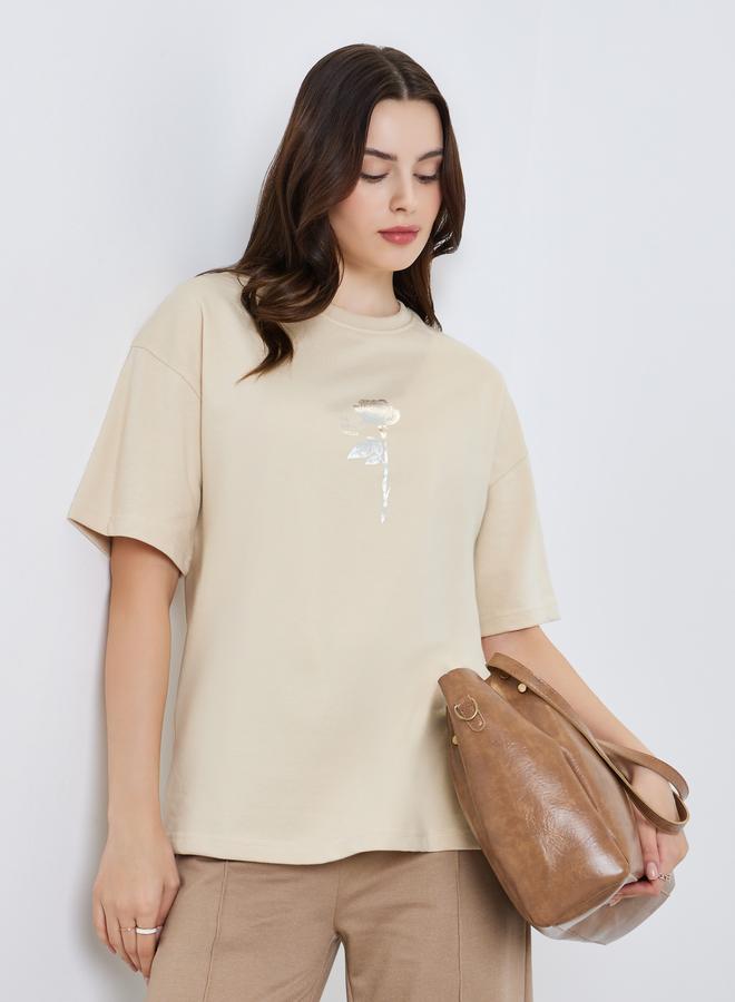 Styli Women Rose Foil Graphic 100% Cotton T-Shirt - Image 1